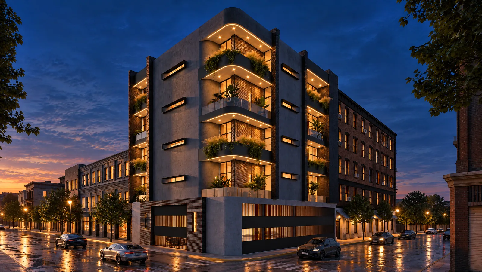 Torre de departamentos iluminada al anochecer